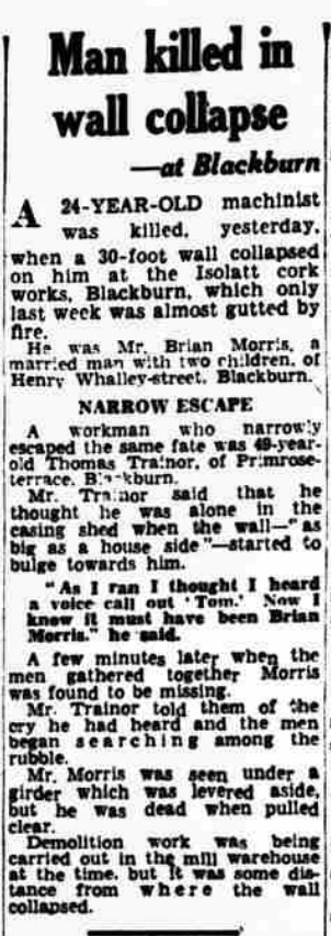Lancashire Evening News report of Biran's death